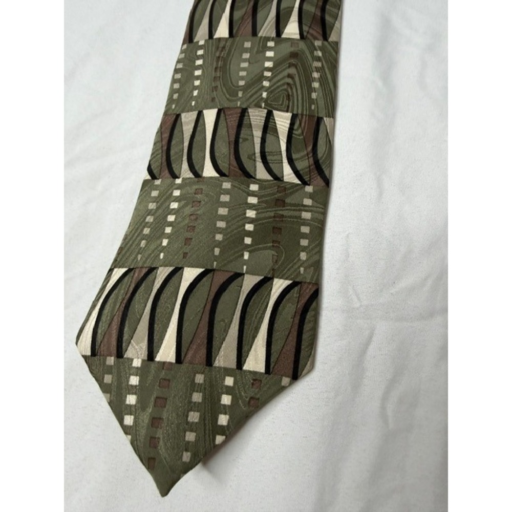 Paul Rodon Couture Mens Silk Tie Sage Green Brown Abstract Geometric Made in USA